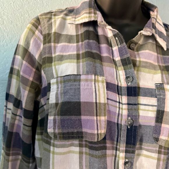 SO Lavender & Olive Green Plaid Button Down Flannel Shirt Size Small - Picture 3 of 7
